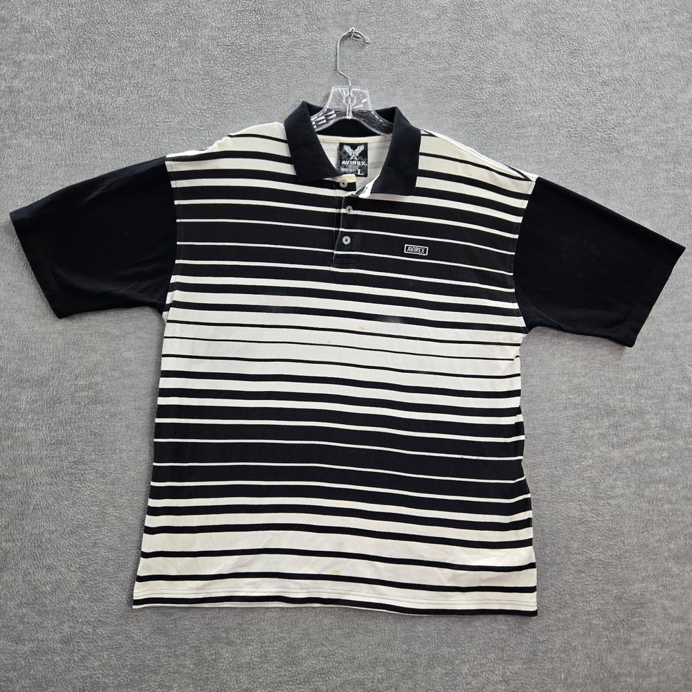 Avirex Men Polo Shirt‎ Large Black Striped Logo Short Sleeve Collar Y2K READ